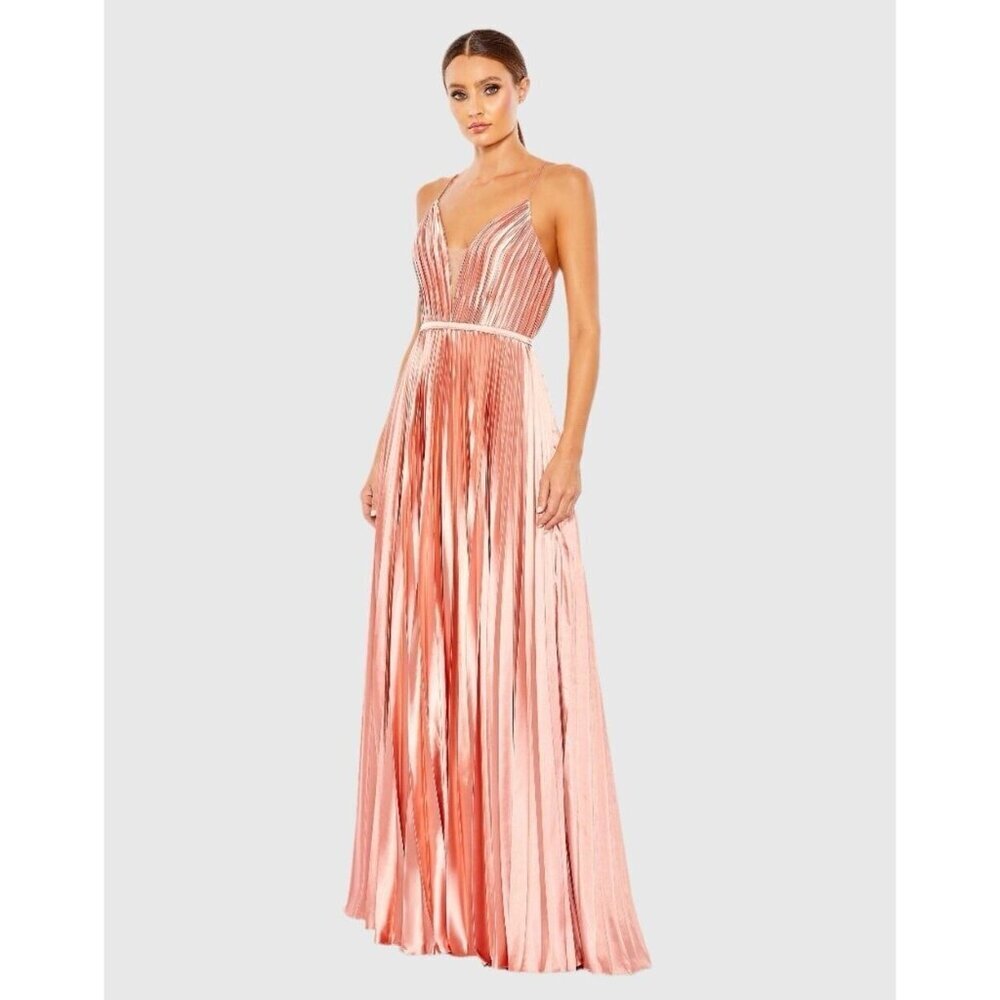 MAC DUGGAL Size 14 Peach V-Neck Pleated Satin Evening Formal Prom Gown Dress New